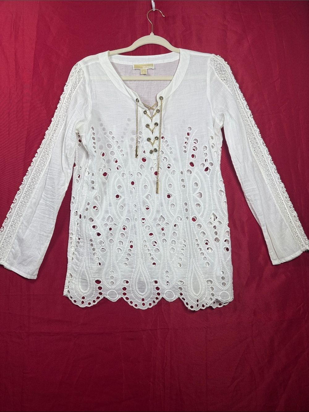 (A5)Michael Kors Long Sleeve Blouse with Lace Trim and Openwork Embroidery,Sz M - Picture 4 of 16